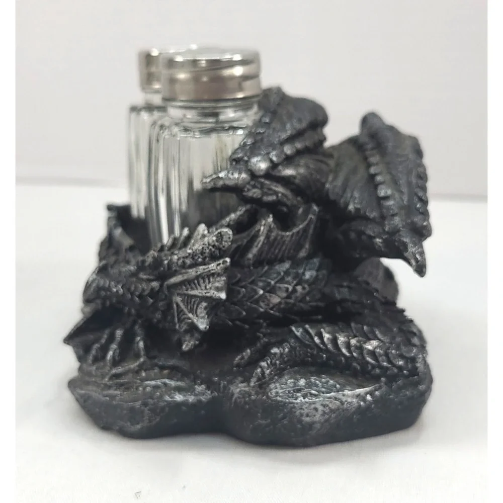 Sleeping Dragon Glass Salt and Pepper Shaker Set with Decorative Holder Display